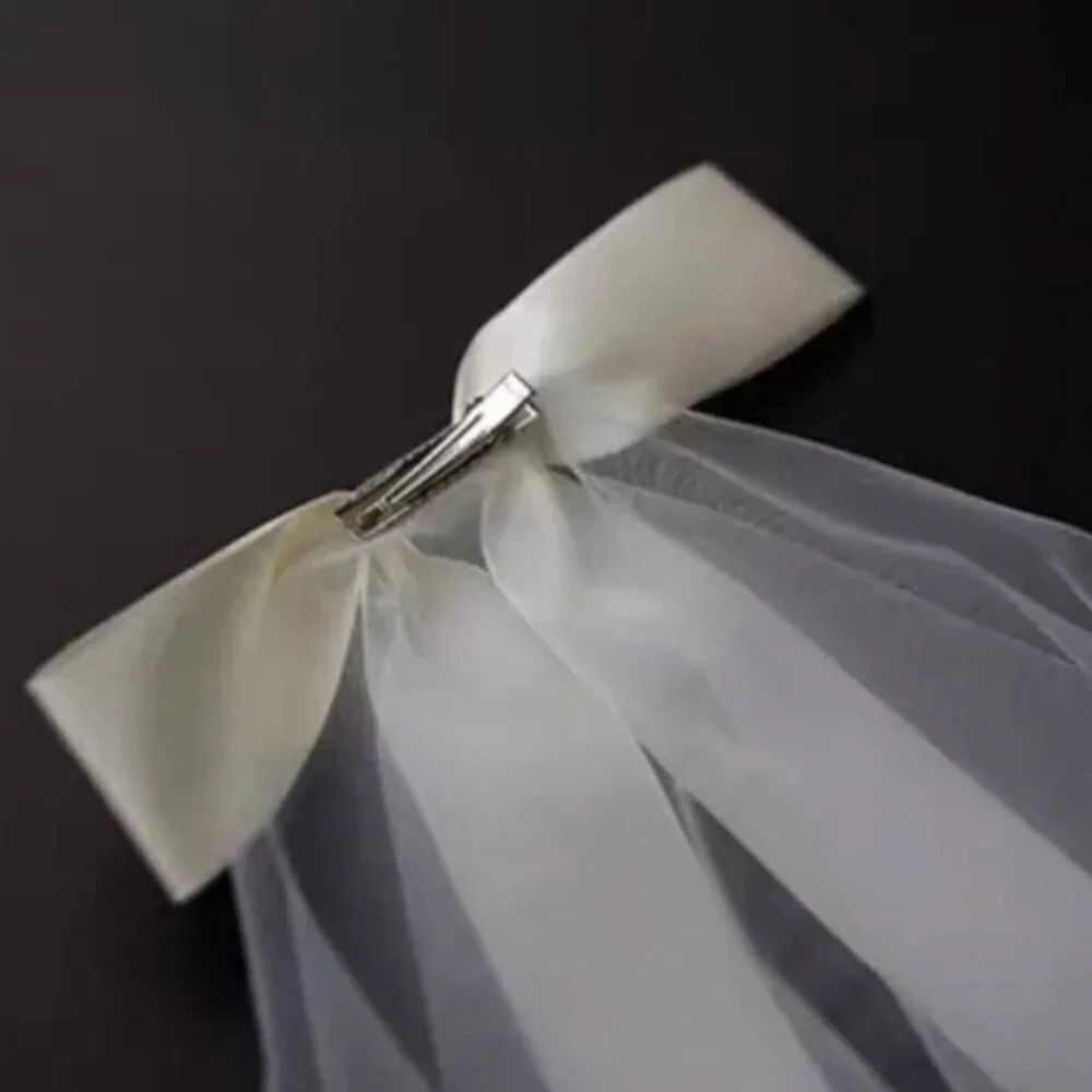 Short Wedding Veil with Slim Silk Bow